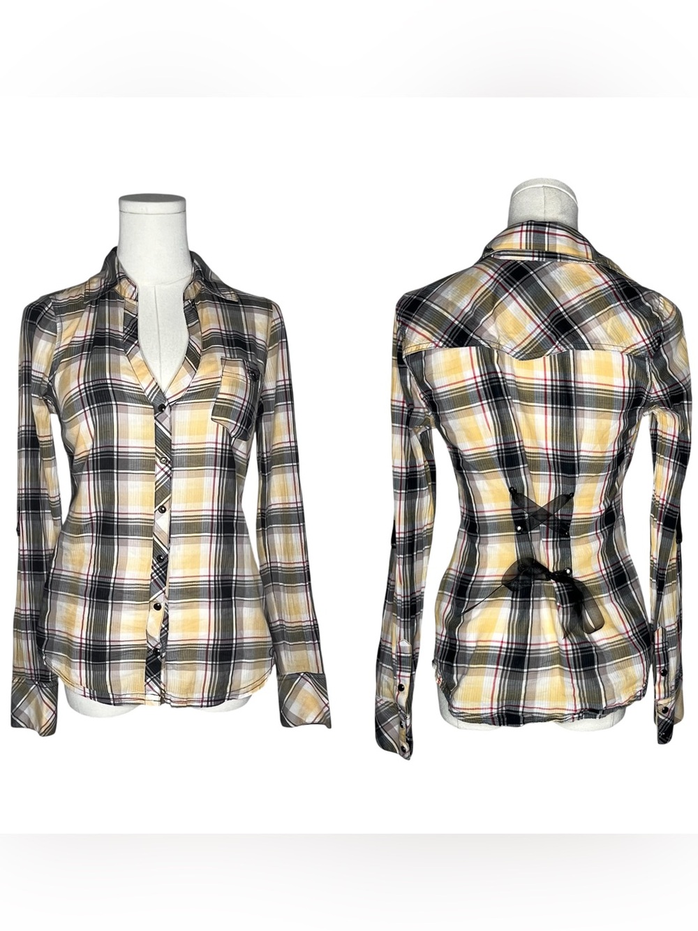 Y2K Vintage Guess Yellow Plaid Corset Back Button Down Shirt